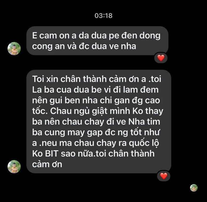 Tin nhắn người nhà cảm ơn tài xế đã đưa bé trai đến đồn công an - Ảnh: HUỲNH HỮU HOÀI&nbsp;