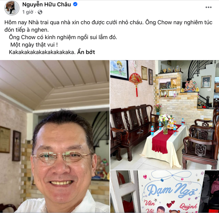 NSƯT Hữu Châu đăng tải hình ảnh trong một buổi lễ hỏi cưới cho cháu.