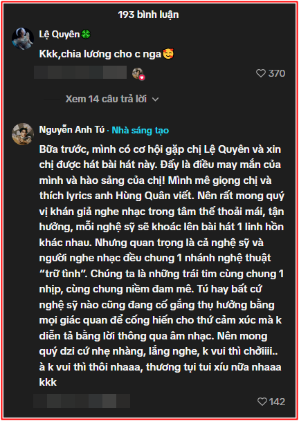 Anh Tú cho biết đã xin phép Lệ Quyên thể hiện ca khúc này trên sân khấu.&nbsp;