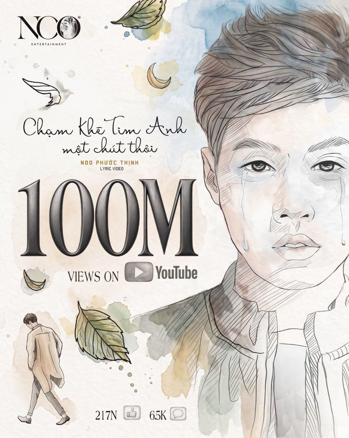Lyric video Chạm khẽ tim anh một chút thôi của Noo Phước Thịnh chính thức đạt 100 triệu lượt xem trên YouTube.&nbsp;