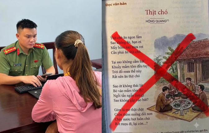 Chị L.T.N.L. làm việc với Công an xã Quỳ Châu sau khi đăng hình ảnh giả trang sách có bài thơ “Thịt chó” do AI tạo.