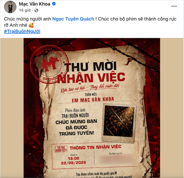Mạc Văn Khoa chia sẻ hình ảnh “thư mời nhận việc” của Trại Buôn Người.