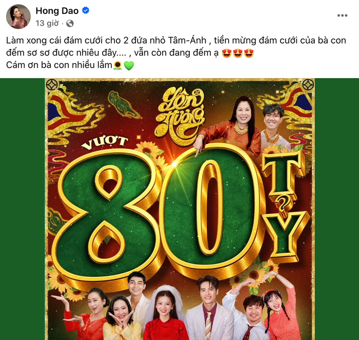 Hồng Đào chia sẻ hình ảnh thông tin Lên Hương vượt doanh thu 80 tỷ đồng.