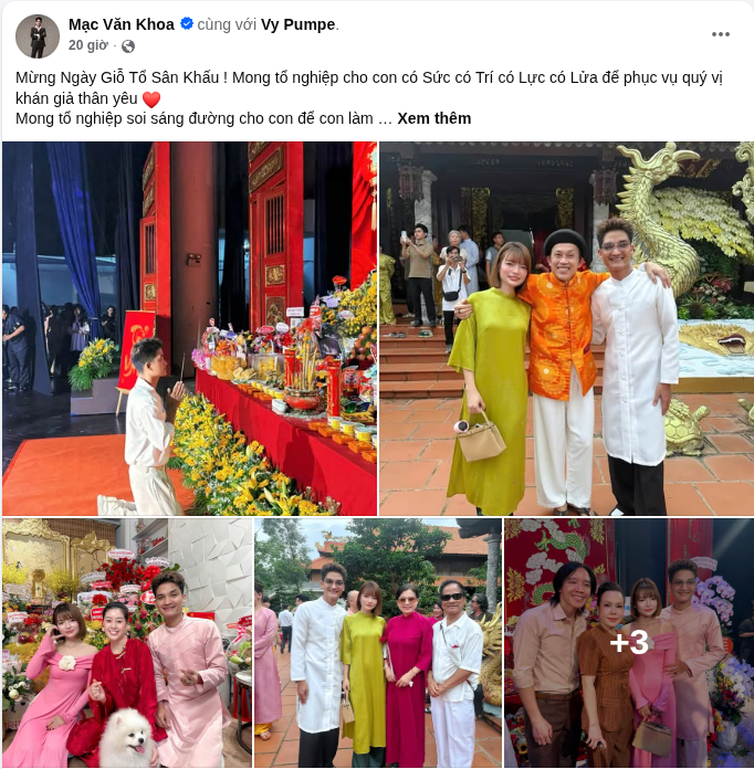 Mạc Văn Khoa chia sẻ hình ảnh cùng vợ đến lễ Giỗ Tổ tại đền thờ Tổ của Hoài Linh trên trang cá nhân. Ảnh: FBNV