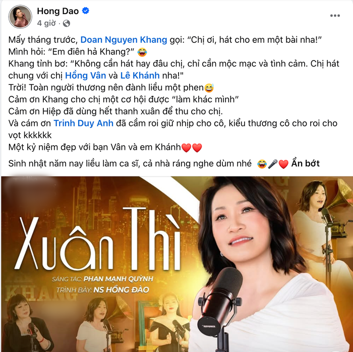 Hồng Đào chia sẻ một trải nghiệm làm ca sĩ.