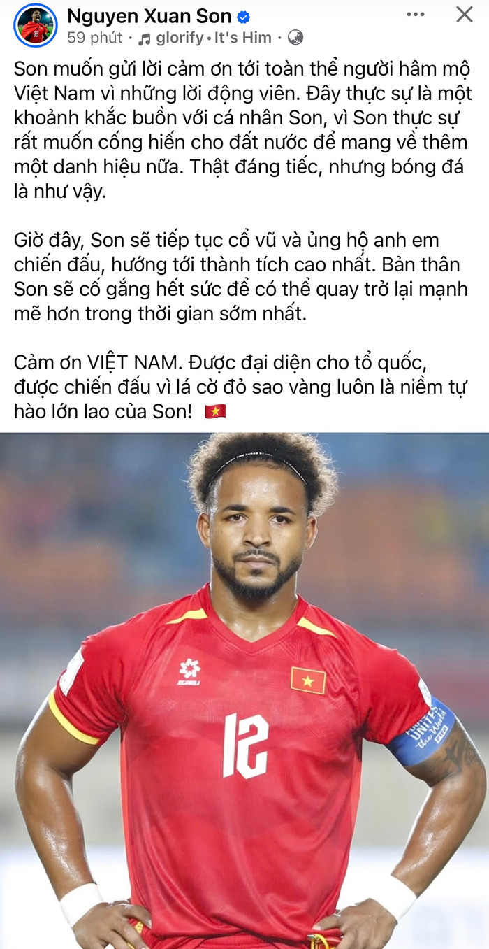 Nguyễn Xuân Son đã chính thức nói lời chia tay FIFA ASEAN Cup 2026 vì chấn thương, và có những dòng tâm sự đầy tình cảm gửi tới người hâm mộ. Ảnh: FB Nguyễn Xuân Son
