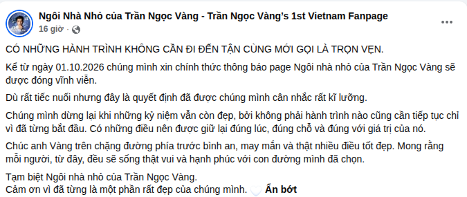 Fanpage FC của Trần Ngọc Vàng tuyên bố đóng cửa.
