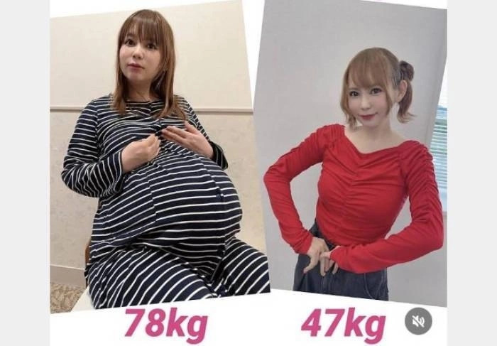 Shoko Nakagawa, 41 tuổi, là nữ nghệ sĩ đa tài hàng đầu Nhật Bản. Trong ảnh, cô chia sẻ hình ảnh thời điểm mang thai đôi nặng 78kg và sau khi cô giảm xuống còn 47kg. Ảnh: Shoko55mmts Instagram