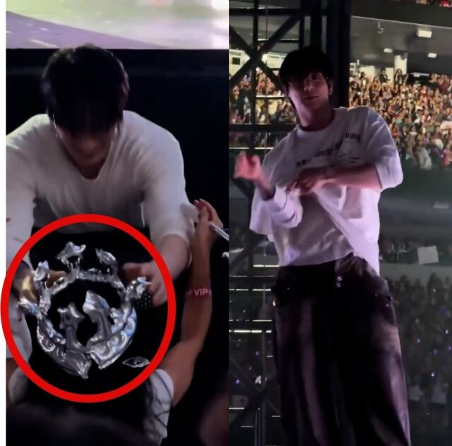 Hình ảnh Jungkook đã tháo chiếc vương miện và áo phông đang mặc rồi trao tặng trực tiếp cho một nữ fan ngồi xe lăn.&nbsp;