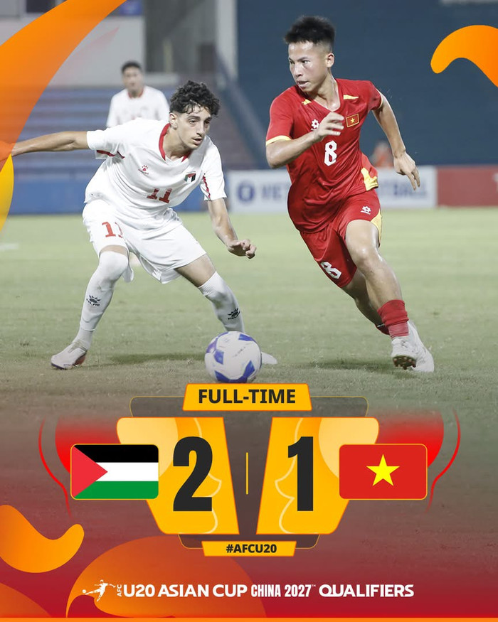 U20 Việt Nam tiếp tục gây thất vọng khi nhận thất bại 1-2 trước U20 Palestine trên sân Việt Trì ở lượt trận thứ hai bảng C vòng loại U20 châu Á 2027. Ảnh: AFC