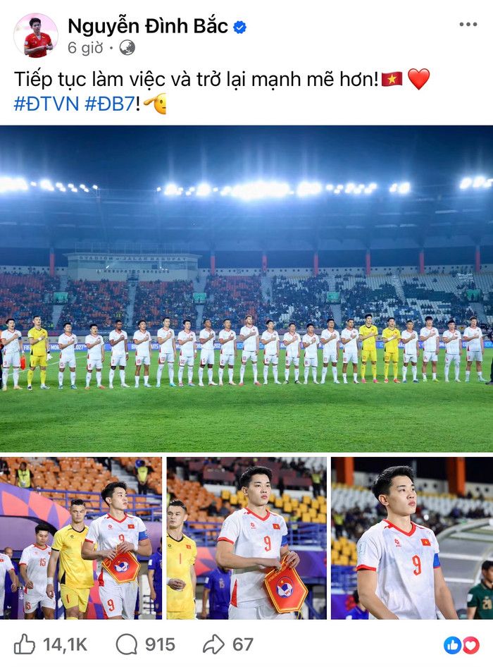 Đình Bắc gửi thông điệp đầy quyết tâm sau thất bại 0-2 của tuyển Việt Nam trước Thái Lan, khẳng định sẽ tiếp tục nỗ lực và trở lại mạnh mẽ hơn. Ảnh: Facebook Nguyễn Đình Bắc