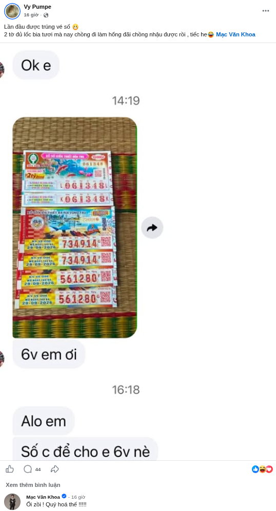 Chia sẻ của vợ Mạc Văn Khoa và chồng trên trang cá nhân. Ảnh: FBNV
