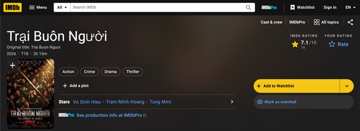 Phim Trại Buôn Người do Steven Nguyễn đóng chính hiện đạt 7.1 điểm trên trang quốc tế IMDb.&nbsp;