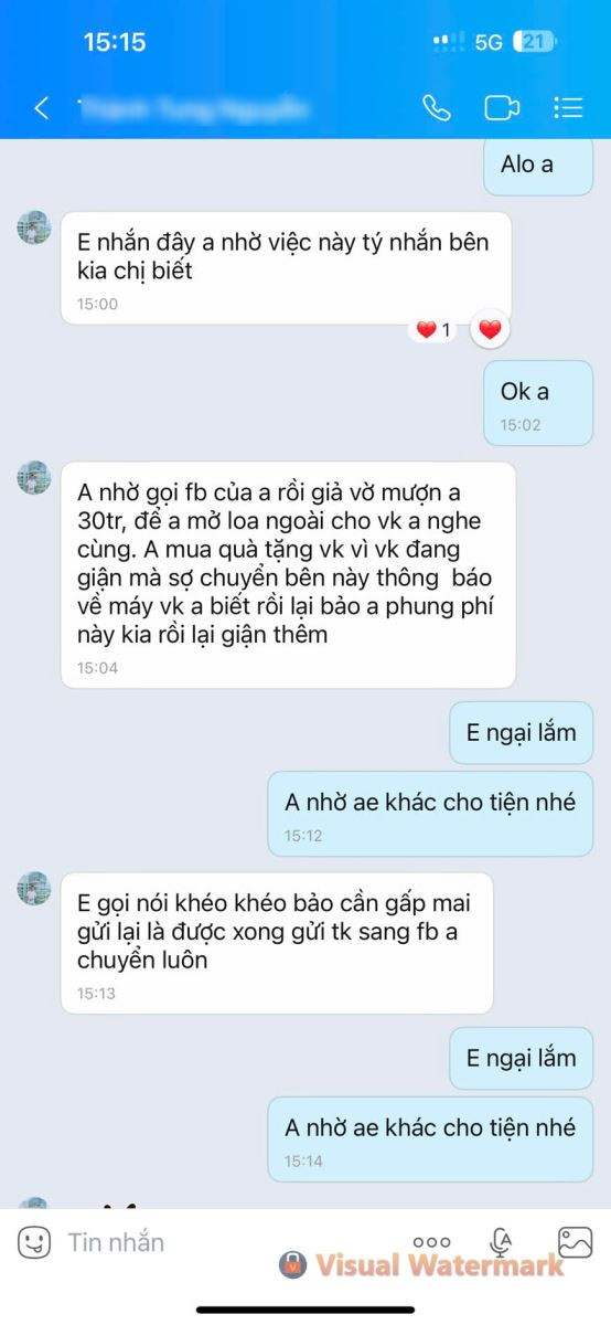 Ảnh tin nhắn từ tài khoản zalo bị mạo danh