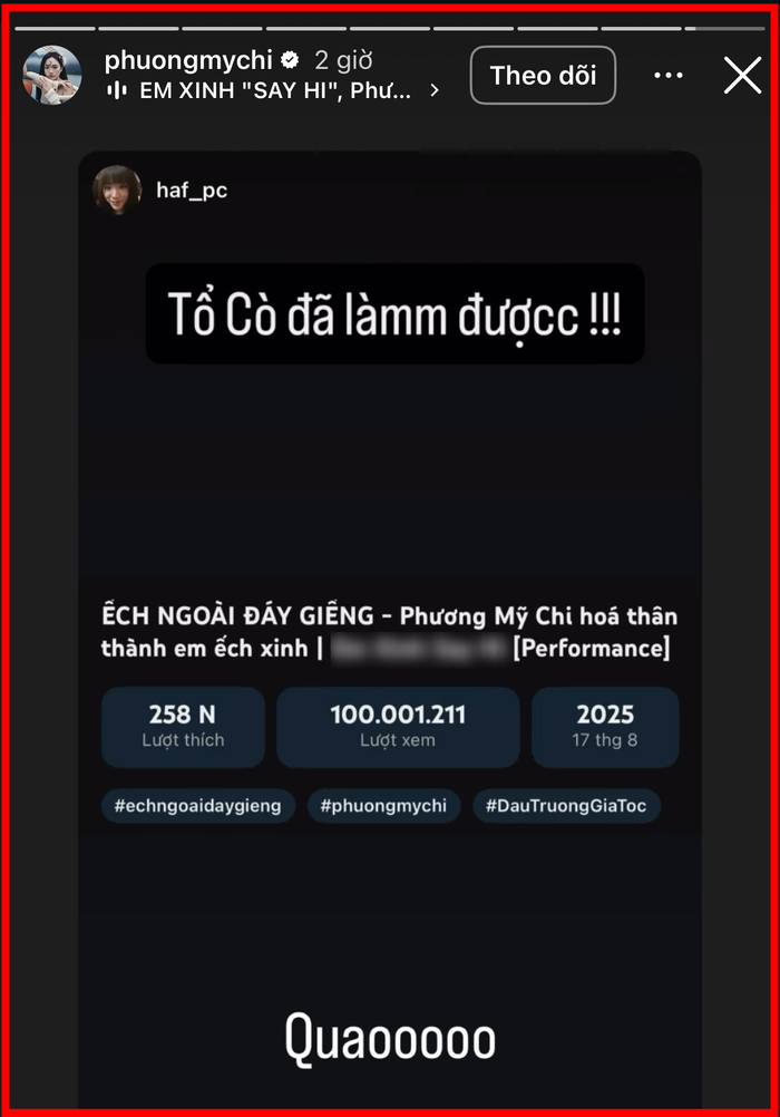 Giữa lúc đó, một 'đứa con' khác của Phương Mỹ Chi là Ếch ngoài đáy giếng chính thức cán mốc 100 triệu lượt xem.