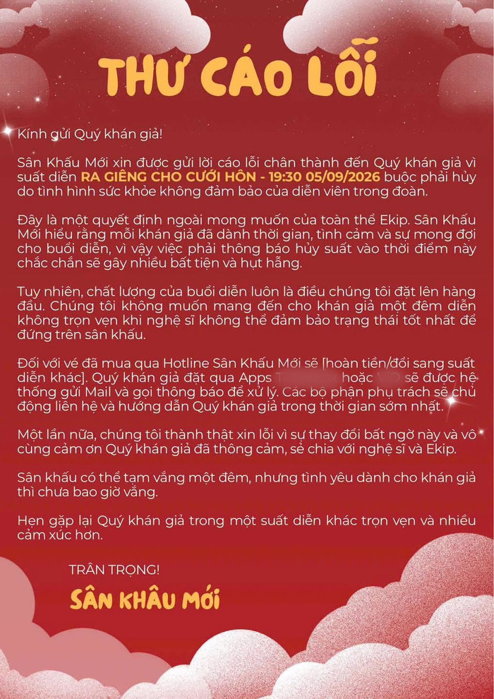 Sân Khấu Mới thông báo hủy suất diễn Ra Giêng Cho Cưới Hôn?.
