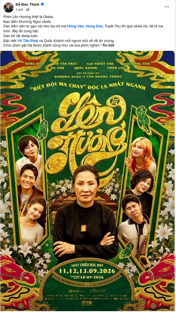 Đạo diễn Đức Thịnh dành nhiều lời khen cho Lên hương và dàn diễn viên sau buổi chiếu sớm. Ảnh: FBNV