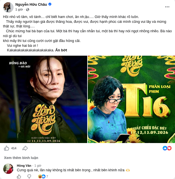 NSND Hồng Vân bình luận bên dưới bài đăng của NSƯT Hữu Châu. Ảnh: FBNV