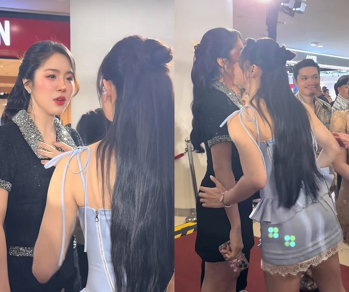Lê Phương và Trương Quỳnh Anh vui vẻ hội ngộ tại một sự kiện gần đây. (Ảnh chụp màn hình từ TikTok Thảm Đỏ Showbiz)