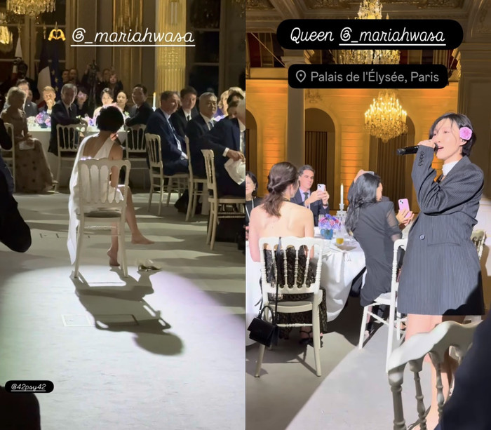 Hwasa trình diễn 'Good Goodbye' và 'So Cute' trong buổi tiệc chiêu đãi cấp nhà nước do Tổng thống Pháp Emmanuel Macron chủ trì nhân chuyến thăm cấp nhà nước của Tổng thống Lee Jae Myung tới Pháp tại Điện Élysée ở Paris hôm thứ Ba. (Instagram @fleurpellerin)