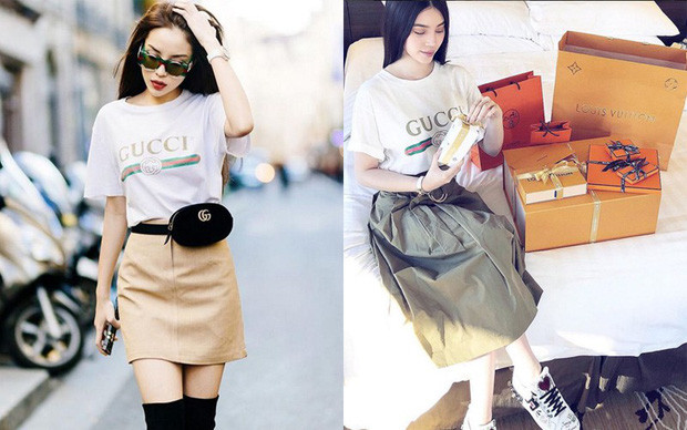 Cùng là áo phông Gucci, nhưng Kỳ Duyên chọn cách phối cùng váy ngắn, Jolie Nguyễn lại nữ tính hơn cùng đầm xòe. 