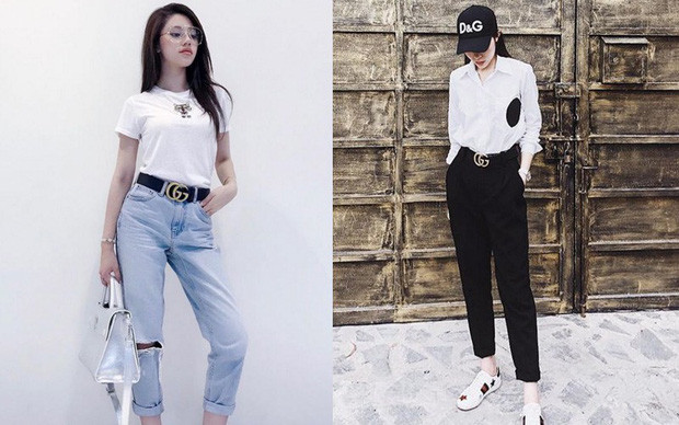 Ngoài ra, kiểu dây lưng bản to của Gucci cũng được hai người đẹp cùng nhau sắm sửa. 