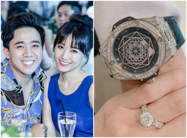Chiếc nhẫn kim cương trị giá 1 tỷ là món quà Trấn Thành dành tặng cho Hari Won, để đáp lại, nữ ca sĩ cũng tặng cho danh hài đồng hồ ngót ghét 700 triệu đồng. 