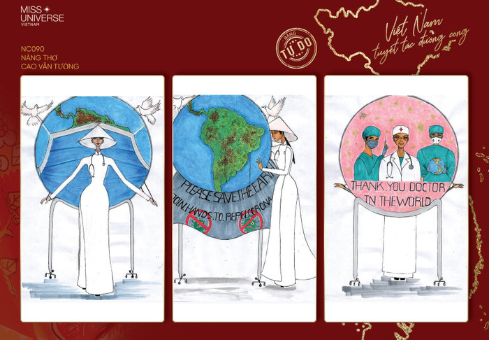 Trang phục 'Nàng thơ' mang đến sự truyền tải thông điệp kêu gọi chung tay bảo vệ trái đất. Bên cạnh đó, thiết kế còn đề cập đến nghĩa cử cao đẹp tri ân các y bác sĩ đã dốc lòng hết sức mình chống chọi với đại dịch Corona.