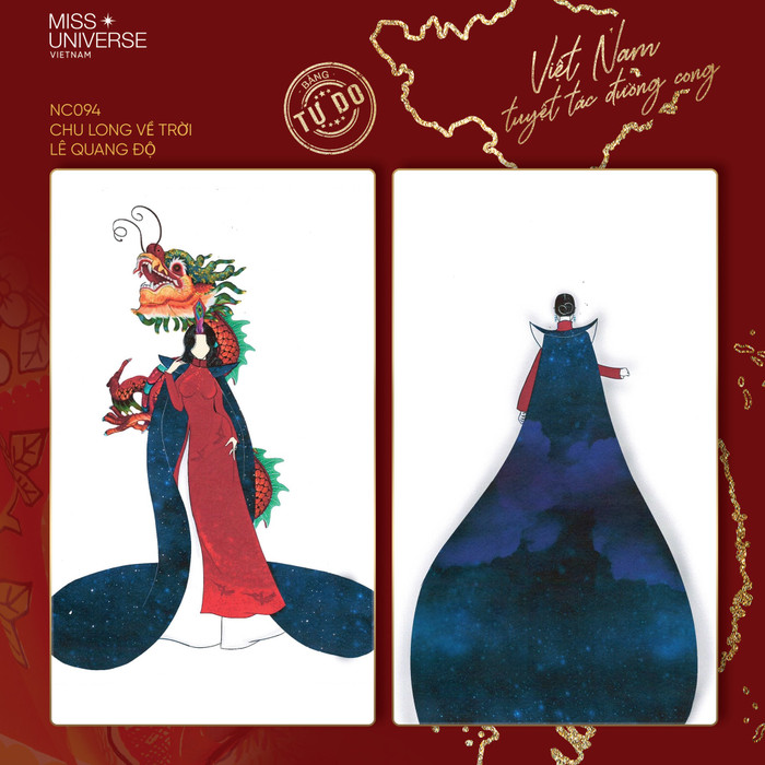 'Chu long về trời' được lấy ý tưởng từ câu chuyện cha Lạc Long Quân và mẫu Âu Cơ sinh ra trăm trứng gắn với cổ tích Việt Nam. Bộ trang phục được thiết kế dựa trên form áo dài truyền thống của người phụ nữ Việt Nam với điểm nhấn là phần mũ gắn lông chim công nhằm thể hiện người mặc chính là tạo hình mẫu Âu Cơ, phần mô hình rồng mang màu đỏ chủ đạo đằng sau lưng người mặc chính là tạo hình cha Lạc Long Quân đang bay về trời, hay nói cách khác là sự tề tựu của Lạc Long và Âu Cơ trong cổ tích này. 