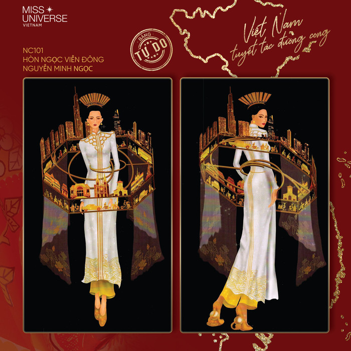 'Hòn ngọc viễn Đông' là bộ trang phục lấy ý tưởng từ những hình ảnh về kiến trúc, cuộc sống và con người ở thành phố Hồ Chí Minh.