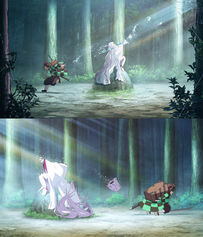 Cũng trong tập 16, khoảnh khắc Tanjirou sử dụng Can Thiên Từ Vũ cũng rất đáng chú ý. Các chi tiết phụ và nhỏ như những giọt nước hay mạng nhện đều được làm tương đối kĩ.