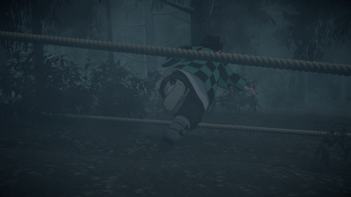 Cảnh Tanjirou tập luyện trên núi trong tập 2. Mặc dù là cảnh tối, các chi tiết vẫn được vẽ rất chỉn chu.