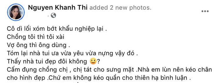 Khánh Thi dằn mặt hàng xóm 'khẩu nghiệp': 'Cấm đụng chồng chị, chị tát cho sưng mặt'