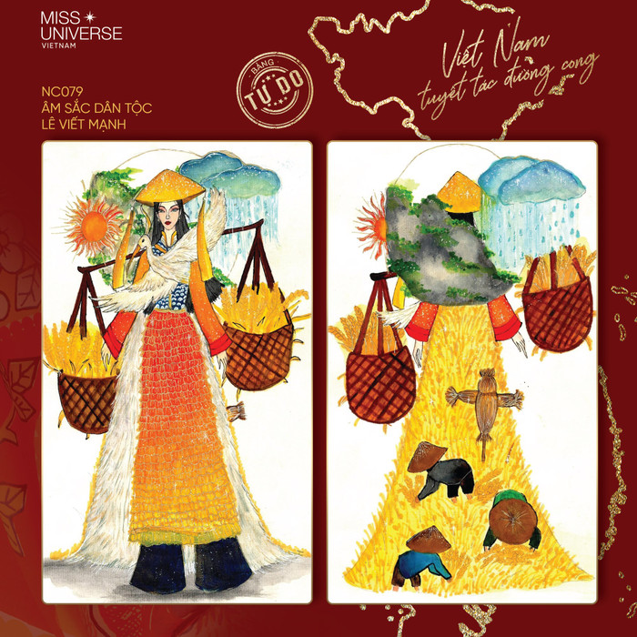 'Âm sắc dân tộc' khiến khán giả đặt ra dấu hỏi về bài toán từ bản vẽ ra thành phẩm. Cánh đồng, gánh lúa, mưa rơi, mặt trời, ngọn núi, con cò, sừng trâu tạo nên một tổng thể rất nặng nề. 