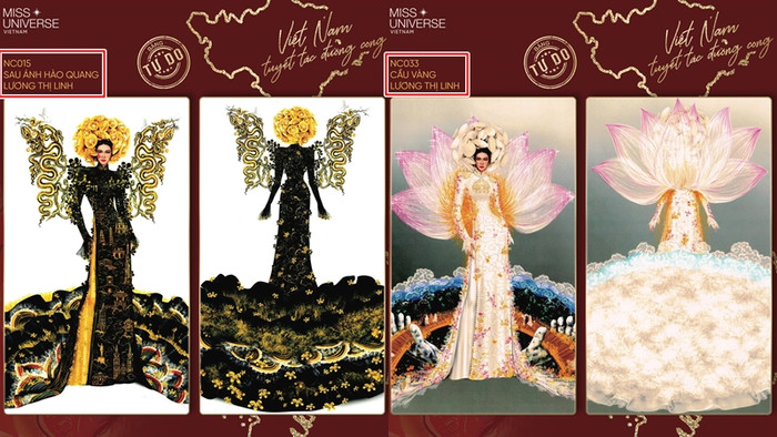 Dễ dàng nhận thấy 'Sau ánh hào quang' và 'Cầu vàng' có điểm gặp gỡ chung về phom dáng và cách bố trí họa tiết. Đây là 2 thiết kế cùng chung một tác giả Lương Thị Linh.