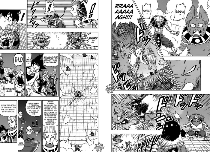 Goku, các Kaioshin và Hakaishin đều bị ảnh hưởng bởi tiếng gầm của Rumsshi.