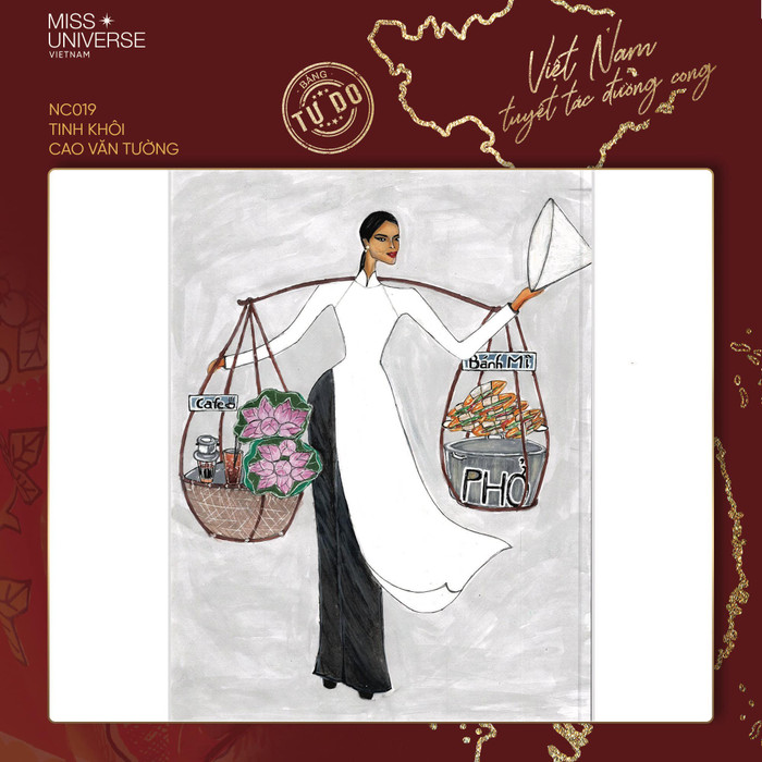 Khánh Vân mặc áo dài, mang trên vai đôi quang gánh đóng giả cô gái bán hàng rong - một nét văn hóa đường phố rất riêng của Việt Nam.  