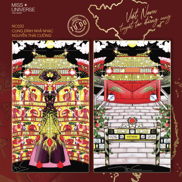 Khánh Vân mặc áo dài tím họa tiết phượng hoàng được thêu chỉ vàng, chiếc mần hình hoa cúc làm trung tâm bộ trang phục. Phần áo choàng được khắc nổi hình ảnh của những nhạc công đang chơi các loại nhạc cụ dân tộc. Mặt sau áo choàng là bức tranh điện Thái Hòa, được chèn thêm 2 chữ “Việt Nam”. Khi trình diễn, bộ trang phục này sẽ phát ra tiếng nhạc và Khánh Vân hai tay cầm hai quạt uyển chuyển theo vũ điệu nhã nhạc cung đình.