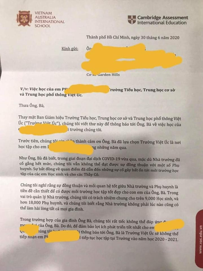Các phụ huynh khác cũng nhận thông báo ngưng tiếp nhận học sinh trong năm học mới của VAS
