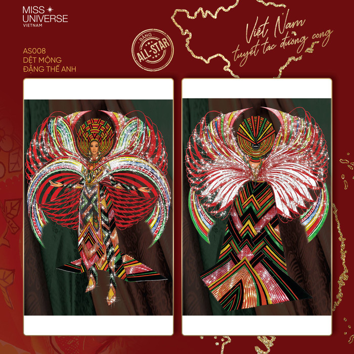 Bộ trang phục 'Dệt mộng' được lấy cảm hứng từ những chiếc máy quay tơ và vải thổ cẩm đầy màu sắc của đồng bào dân tộc miền núi Tây Bắc.&nbsp;