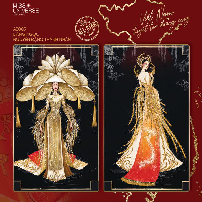 Trang phục 'Dáng ngọc' giới thiệu được nét đẹp của nền văn minh lúa nước ở Việt Nam qua chi tiết ngọn lúa được cách điệu ở phần tay áo và hai tà trước - sau. Bên cạnh đó, những chiếc nón lá mang đậm hồn Việt sẽ ghép vào nhau thành một khối vững chắc đẻ tăng thêm thêm độ hoành tráng và đặc sắc.