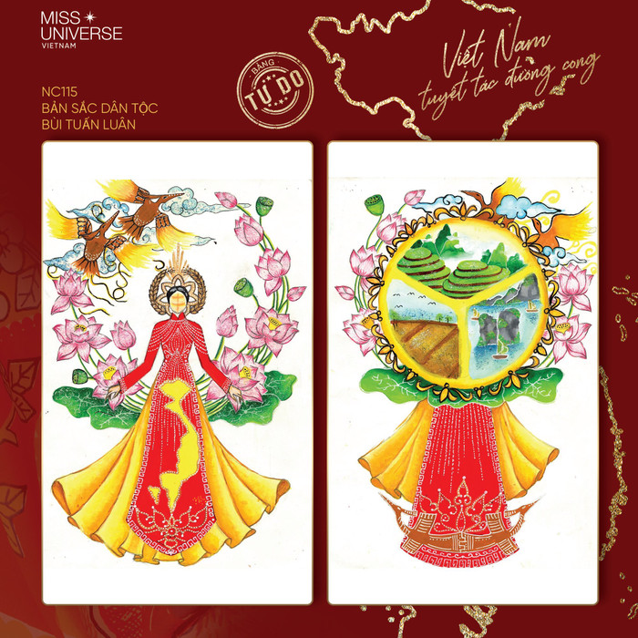 Mặt trước bộ trang phục 'Bản sắc dân tộc' là hình ảnh bản đồ Việt Nam với chiếc mấn là hình bông lúa. Mặt sau là bức tranh phong cảnh hùng vĩ Vịnh Hạ Long, ruộng bậc thang và cánh đồng lúa. Hơn hết, bộ trang phục này còn có hiệu ứng hoa sen nở, chim bay.