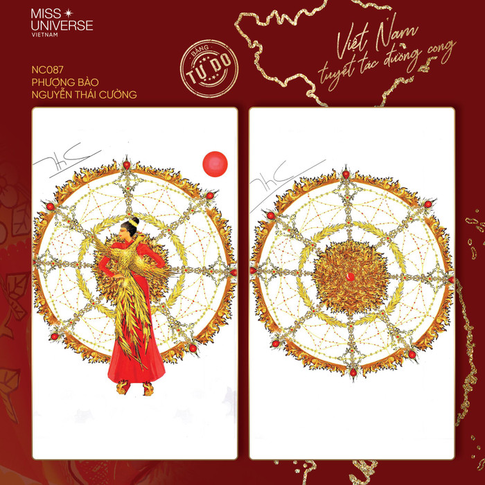 Bộ trang phục 'Phượng bào' lấy cảm hứng từ chim phượng hoàng. Hai gam màu đỏ và vàng là màu sắc chủ đạo, tượng trưng cho nguyên tố lửa với hàm ý ngự trị. Ở trung tâm là chim phượng được tạo khối, nạm vàng. Phía sau là khung tròn có thiết kế kì với các họa tiết được lấy ý tưởng từ cung đình. Mặt sau chiếc vòng là hình ảnh lửa bao bọc hoa sen tượng trưng cho sự hồi sinh và uy quyền.