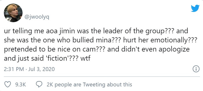 'Jimin cũng có thể là leader của nhóm được sao? Và là người bắt nạt Mina? Khiến cô ấy cực kỳ tổn thương? Nhưng vẫn tỏ ra thánh thiện trước công chúng? Cô ta thậm chí còn chẳng xin lỗi mà mà chỉ bảo đó là 'chuyện bịa'.