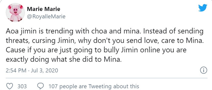 'AOA Jimin đang trở thành trending cùng Choa và Mina. Thay vì gửi những lời đe dọa, chửi bới Jimin, hãy gửi những lời yêu thương, quan tâm tới Mina. Bởi những gì mọi người đang làm là bắt nạt Jimin, giống như cô ta đã làm với Mina.'