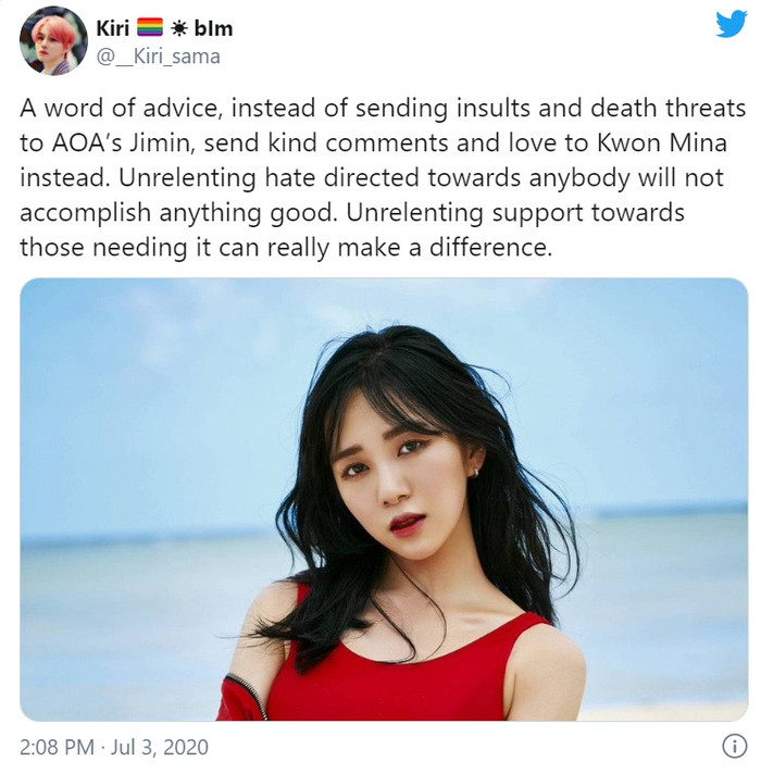 'Một lời khuyên nè, thay vì xúc phạm và dọa dẫm AOA Jimin, hãy gửi tin nhắn, bình luận yêu thương đến Kwon Mina. Tỏ ra thù ghét ai đó không mang lại gì tốt đẹp cả. Nhưng bày tỏ sự quan tâm yêu thương lại sẽ mang đến khác biệt lớn.'