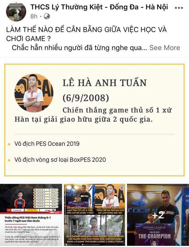 Anh Tuấn được vinh danh trên fanpage của trường THCS Lý Thường Kiệt - Đống Đa - Hà Nội