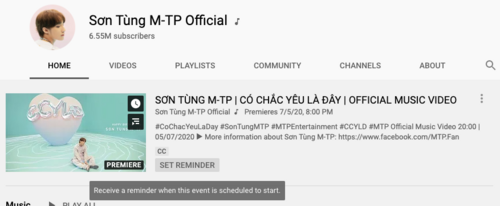 “Có chắc yêu là đây” được Sơn Tùng M-TP phát hành dưới dạng YouTube Premieres. Ảnh chụp màn hình