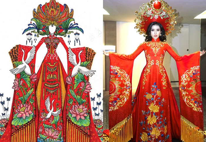 Nếu lược bỏ hình ảnh con cò, rõ ràng 'Bạch lộ liên hoa' không khác gì thiết kế của Huyền My từng diện trên sân nhà ở cuộc thi Hoa hậu hòa bình thế giới 2017.