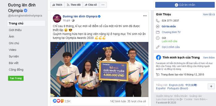 Thông tin đường đăng tải trên fanpage của Đường lên đỉnh Olympia